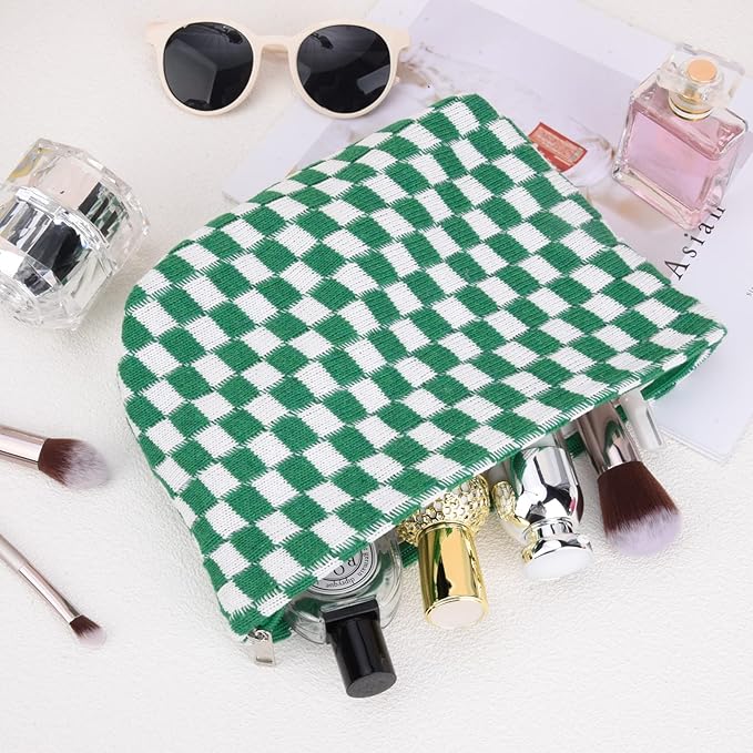 2 Pieces Makeup Bag Large Checkered Cosmetic Bag Capacity Canvas Travel Toiletry Bag Organizer Cute Makeup Brushes Aesthetic Accessories Storage Bag for Women, Checkered L Green Rose red