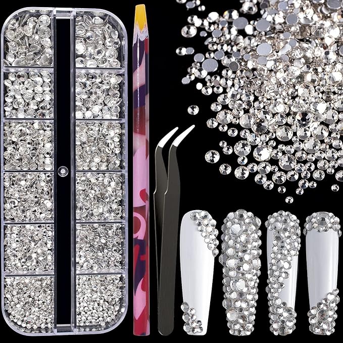 6 Sizes Transparent White Silver Glass Crystal Kit with Pickup Pen + Tweezer Tools for Shine Nail Art Manicure Makeup DIY Decoration Flatback Round Rhinestone Gem Jewelry Diamond