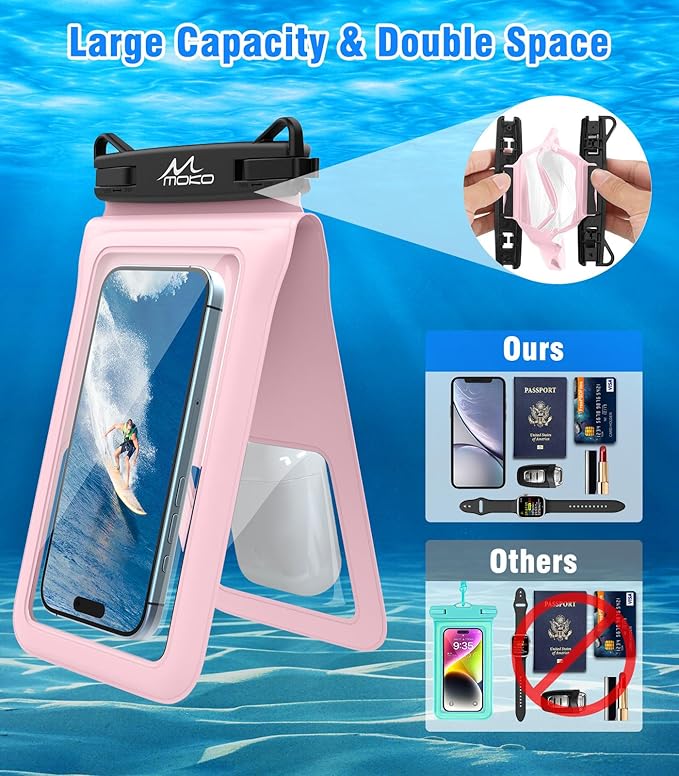 MoKo Double Case Waterproof Phone Pouch, 2Pack Waterproof Phone Case Dry Bag with Adjustable Lanyard Compatible with iPhone 15 14 Pro Max Galaxy S23 Ultra/Note 20 Ultra Up to 7 Inches, Black+Pink