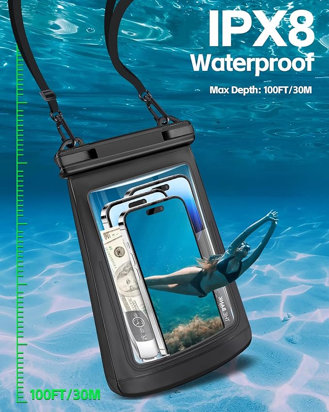 2L Waterproof Phone Pouch for Cruise Essentials 2024 Women, Large Space Waterproof Bag, Adjustable Lanyard Dry Bag for Family Vacations, Beach, Cruises Ship for 3 Phones iPhone Galaxy - Black