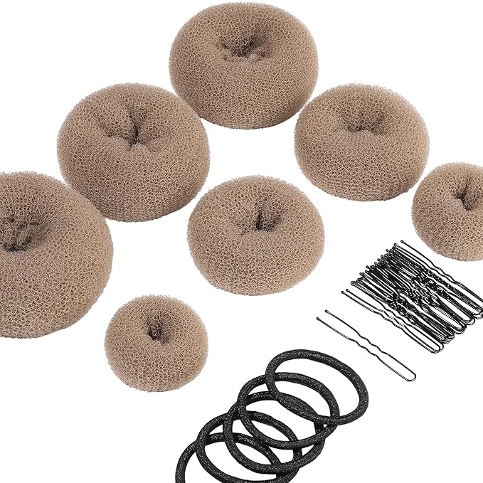 Teenitor Donut Hair Bun Maker 7 Pieces, Bun Maker Set with Hair Bun Makers (1 extra-large, 2 large, 2 medium and 2 small), 5 pieces Hair Elastic Bands, 20 pieces Hair Pins, Tan Color