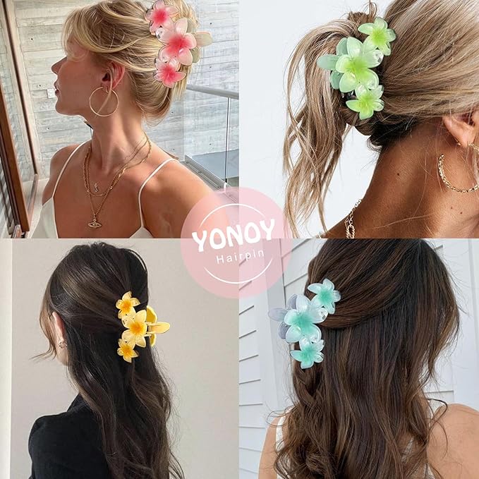 6Pcs Flower Hair Clips for Women, Non-Slip Hawaiian Hair Flower Clip, Large Plumeria Banana Cute Beach Hair Accessories (Pearlescent Gradient Color)