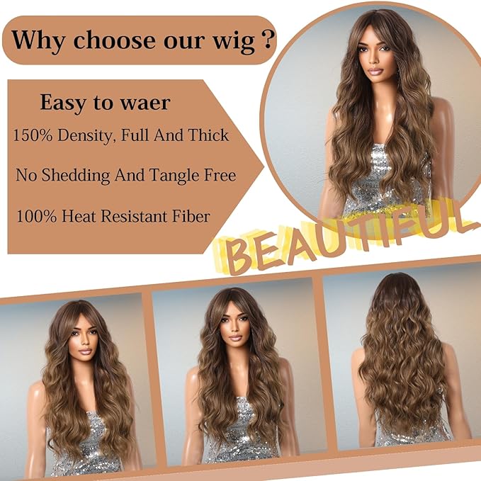 Ombre Brown Wig 26 Inch Long Curly Wigs for Women Synthetic Hair Wavy Wig,Natural Hair Wig With Bang for Daily Party Use