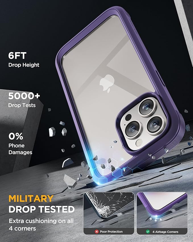 Miracase Glass Series for iPhone 15 Pro Max Case 6.7 Inch, Full-Body Drop Proof Phone Case for iPhone 15 Pro Max with Built-in 9H Tempered Glass Screen Protector + Camera Protector, Purple