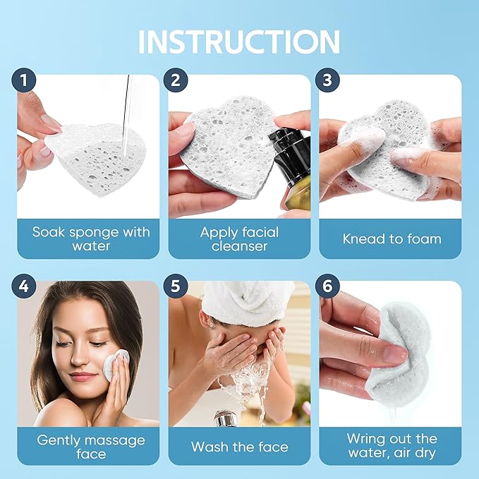 50-Count Heart Shape Compressed Facial Sponges for Daily Facial Cleansing and Exfoliating, 100% Natural Cosmetic Spa Sponges for Makeup Remover, White