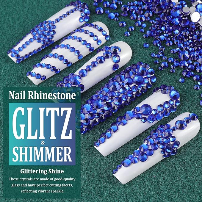 6 Sizes Royal Blue Glass Crystal Kit with Pickup Pen + Tweezer Tools for Shine Nail Art Manicure Makeup DIY Decoration Flatback Round Rhinestone Gem Jewelry Diamond