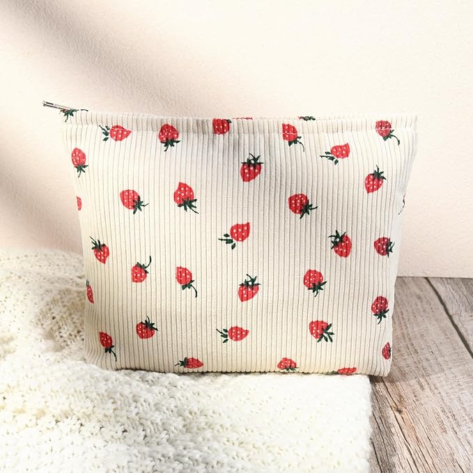2 Pcs Cute Makeup Bag Large Cosmetic Bag Toiletry Bag Makeup Pouch Travel Bag Organizer Cute Makeup Brushes Aesthetic Accessories Storage Bag for Women Strawberry Pink Beige