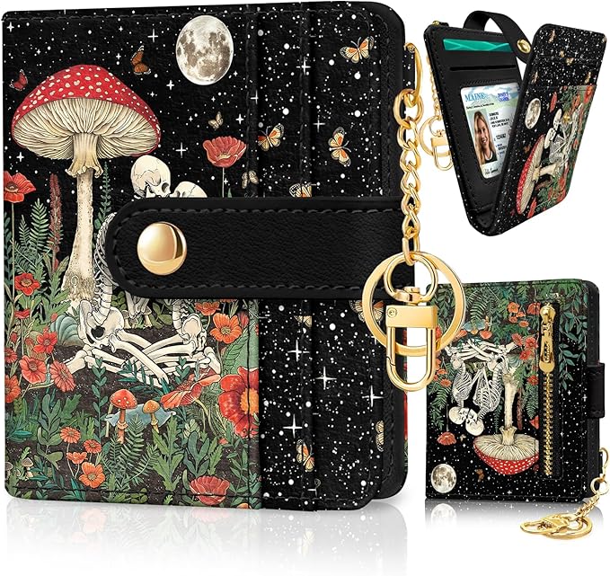 Mushroom Skull Rfid Ladies Wallet, Small Slim Thin Compact Credit Card Women Wallet, Skeleton Goth Horror PU Leather Bifold Zipper Coin Pocket for Female