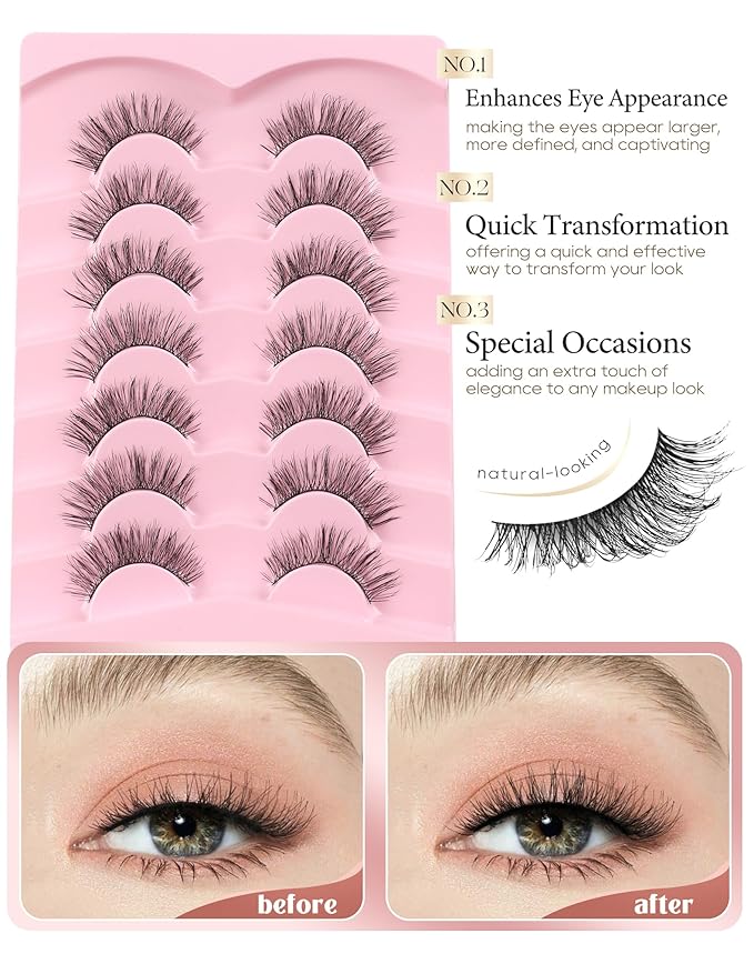 Onlyall Natural Lashes Wispy Lashes Natural Look False Eyelashes Natural Flared Eyelashes False Eye Lashes Soft Fluffy Lashes 7 Pairs T11