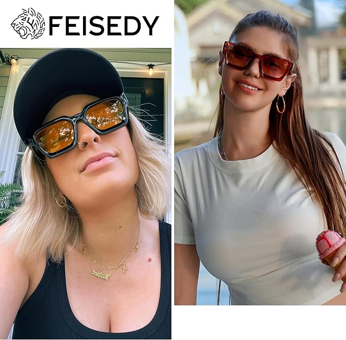 FEISEDY Retro 90s Square Sunglasses for Women Men Trendy Chunky Rectangle Sunglasses UV400 Protection B2385