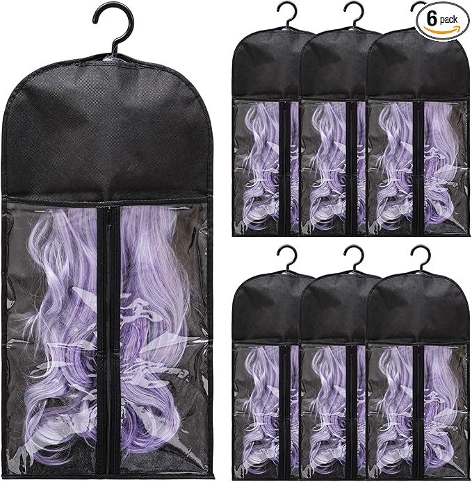 6-Pack Hair Extension Holder - Wig Storage Bags with Hanger for Multiple Wigs, Dust-proof, Ideal for Hair Extensions & Accessories