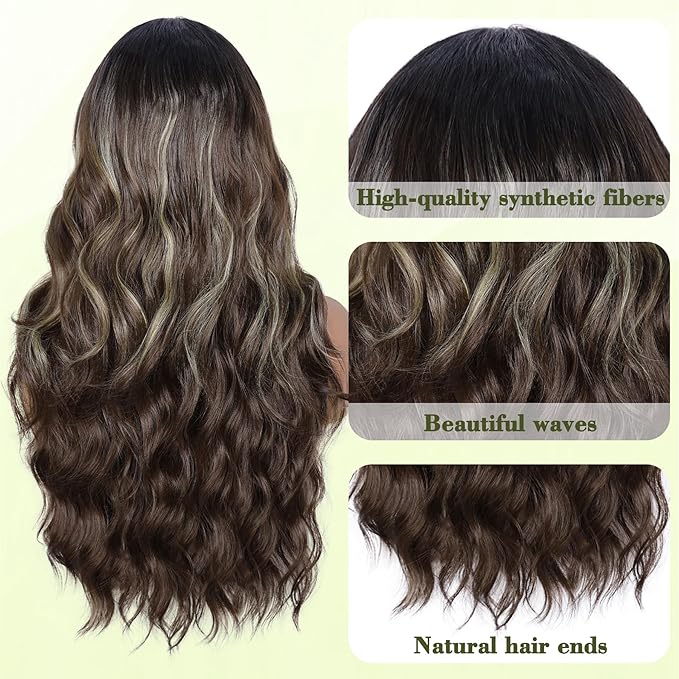 NAYOO Long Brown Mixed Blonde Wavy Wig for Women 26 Inch Middle Part Lace Hairline Curly Wavy Wig Natural Looking Synthetic Heat Resistant Fiber Wig for Daily Party Use