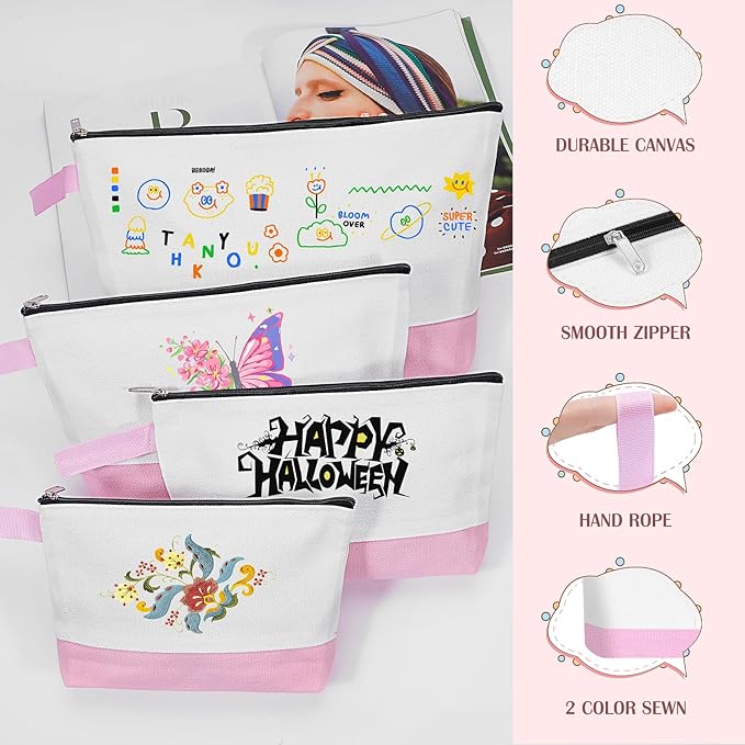10 Pieces Cotton Canvas Makeup Bag with Bottom and Strap, Multi-Purpose Cosmetic Bag with Zipper Travel Toiletry Pouch, Blank DIY Craft Bag (White&Pink, XS)