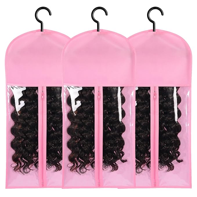 3PCS Hair Extension Holder Dust-proof Bags with Hanger Portable Storage for Multiple Wigs Holder Stand with Transparent Zip Up Closure