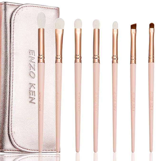 Natural Goat Hair Eye Shadow Brush Set, ENZO KEN Fluffy Blending Eyeshadow Brush Set with Case, Small Nose Contour Brush, Natural Hair Eyeshadow Brushes, Eye Brush, Eyeshadow Blending Brush. Pink,E400