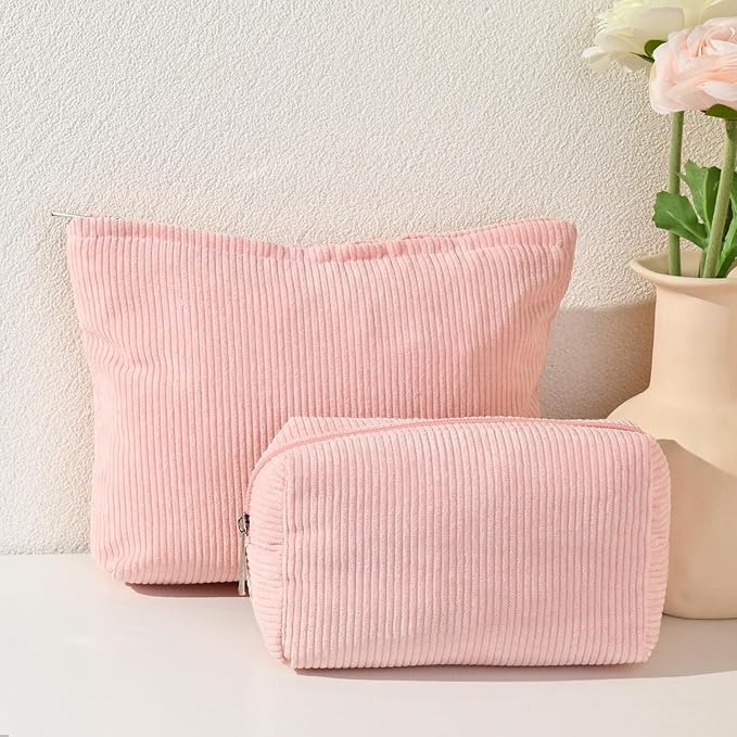 2 Pieces Makeup Bag Large Corduroy Cosmetic Bag Capacity Canvas Mix Travel Toiletry Bag Organizer Cute Makeup Brushes Aesthetic Accessories Storage Bag for Women, Corduroy Mix Pink