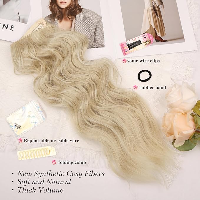 MORICA Invisible Wire Hair Extensions - 20 Inch Blonde Long Wavy Synthetic Hairpiece with Transparent Wire Adjustable Size, 4 Secure Clips for Women