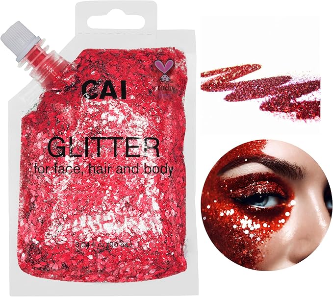 Hair Glitter Gel; Body Glitter & Face Glitter for Women/Kids(1 Pk Red) Chunky Iridescent Holograph Stars & Moon, 3 oz | Cosmetic-Grade Makeup, Apply Without Glue, Easy to Take Off & Keep Skin Clean