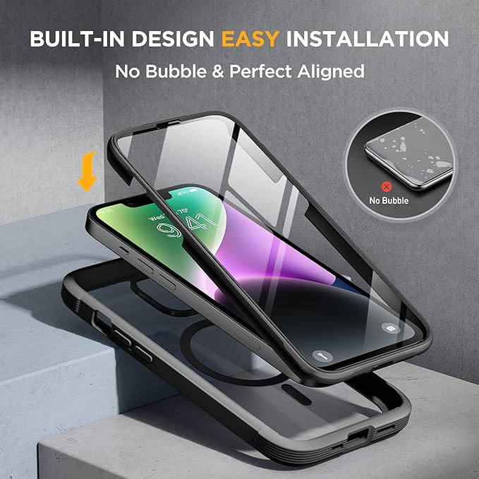 Miracase Glass Series Designed for iPhone 14 Plus Case 6.7 inch, 2023 Upgrade Full-Body Magnetic Clear Case with Built-in 9H Tempered Glass Screen Protector,Compatible with MagSafe,Black