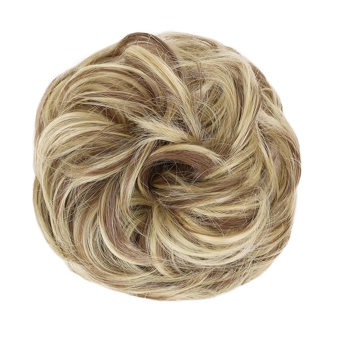 MORICA 1PCS Messy Hair Bun Hair Scrunchies Extension Curly Wavy Synthetic Chignon Hairpieces for Women(86H10#(Light Blonde & Light Brown))