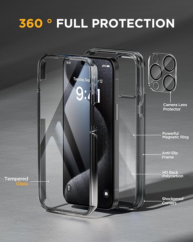 Miracase Glass Series for iPhone 15 Pro Max Case 6.7 Inch, Full-Body Drop Proof Phone Case for iPhone 15 Pro Max with Built-in 9H Tempered Glass Screen Protector + Camera Protector, Clear Black