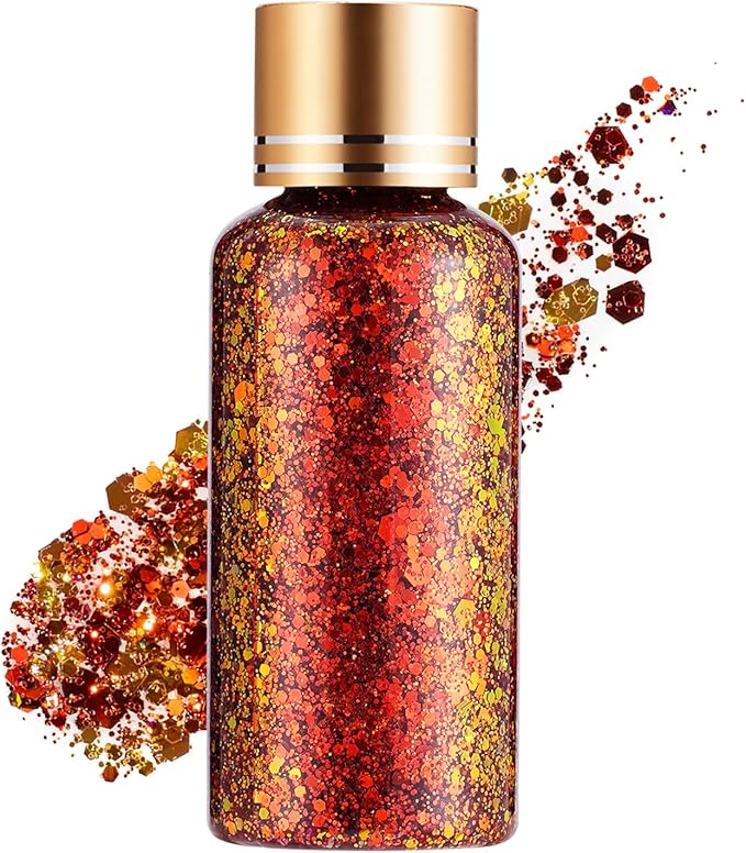 Holographic Body Glitter Gel for Face, Body, Nail, Super Long Lasting Waterproof Quick Dry Liquid Chunky Glitter Eyeshadow for Rave Festival Party Makeup Accessories, 1oz (Maple Red)