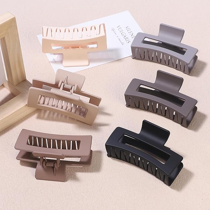 3.5 Inch Medium Hair Claw Clips 6 Pack for Women - Square Rectangle Banana Jaw Clips Accessories for Girls - Chocolate