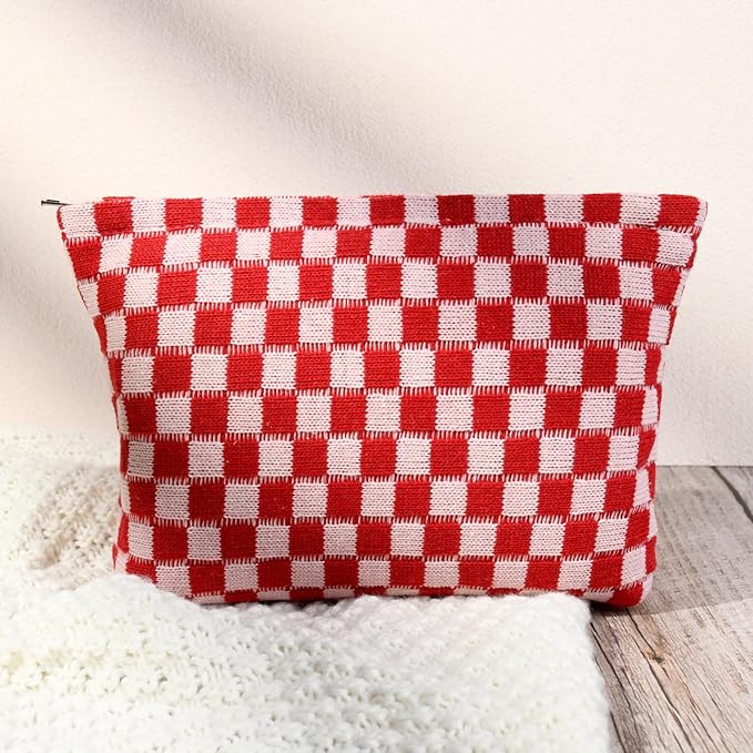 2 Pcs Checkered Makeup Bag Large Cosmetic Bag Toiletry Bag Makeup Pouch Travel Bag Organizer Cute Makeup Brushes Aesthetic Accessories Storage Bag for Women Red