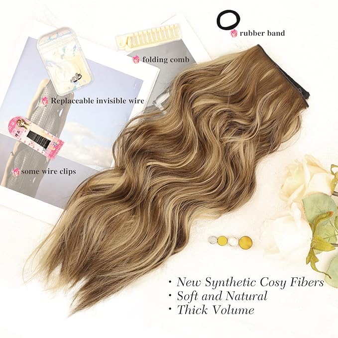 MORICA Invisible Wire Hair Extensions - 20 Inch Brown Mixed Blonde Long Wavy Synthetic Hairpiece with Transparent Wire Adjustable Size, 4 Secure Clips for Women