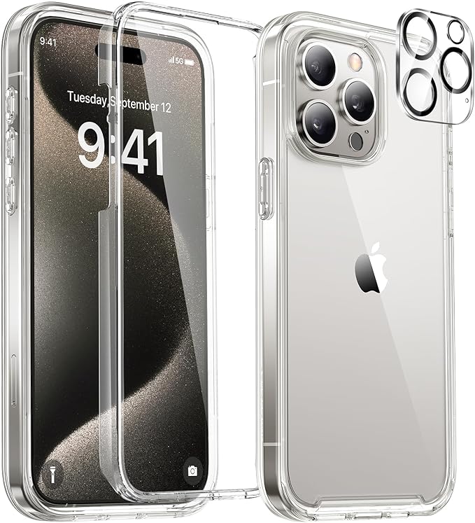Miracase Glass Series for iPhone 15 Pro Max Case 6.7 Inch, Full-Body Drop Proof Phone Case for iPhone 15 Pro Max with Built-in 9H Tempered Glass Screen Protector + Camera Protector, Clear