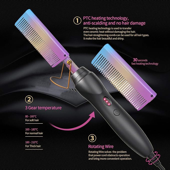 Hot Comb Hair Straightener Heat Pressing Combs - Ceramic Electric Straightening Comb, Curling Iron for Natural Black Beard Wigs Women Gift 5 In 1 - Rainbow