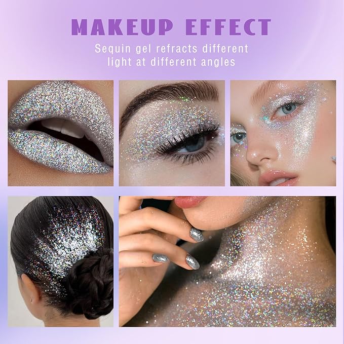 Roll-on Holographic Body Glitter Gel for Face Hair, Chameleon Color Changing Glitter Gel Under Light, Chunky Mermaid Sequins Festival Party Rave Accessories Shimmer Makeup (17# Silver)