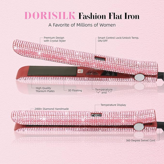 DORISILK 480°F High Temp Titanium Flat Iron, Pink Hair Straightener and Curler 2 in 1 Bedazzled Rhinestone Crystal Bling Straightening Curling Flattening Iron 30s Fast Heat Dual Voltage 1" Soft Pink