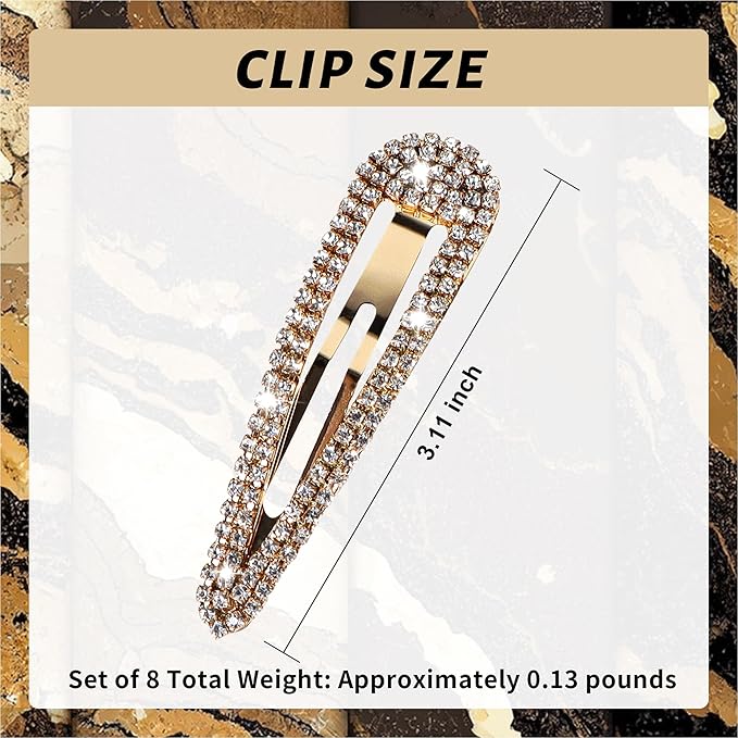 8PCS Rhinestone Hair Clips, Water Drop Crystal Hair Barrettes, Bling Metal Snap Duckbill Hairpins Sparkle Hair pin, Glittering Hair Accessories for Women Girls-Color, Gold, Silver