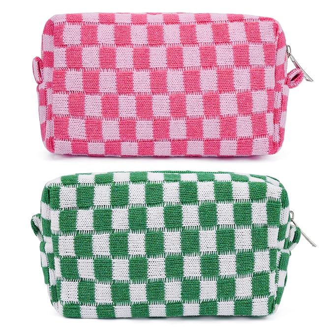 2 Pieces Makeup Bag Pouch Checkered Cosmetic Bag Pink Green, Travel Toiletry Bag Organizer Cute Makeup Brushes Storage Bag for Women