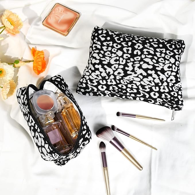 2 Pieces Leopard Print Makeup Bag Large Cosmetic Bag Capacity Canvas Mix Travel Toiletry Bag Organizer Cute Makeup Brushes Aesthetic Accessories Storage Bag for Women, Leopard Print Mix Black