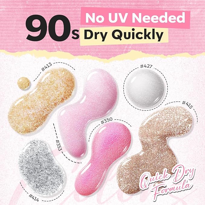 modelones Nail Polish, 6 Colors Summer Pink Gold Glitter Silvery Pearl Clear Quick Dry Mini Starter Set, Long Lasting Art DIY Manicure Kit at Home for Women Girls Wedding Gifts