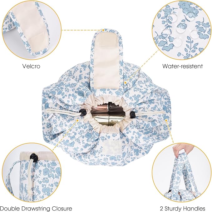 Narwey Barrel Drawstring Makeup Bag Large Floral Cosmetic Bag Make up Bags Toiletry Bag Travel Bags for Toiletries Organizer for Women Gift for Teen Girls (Little Blue Flower) (Patent)