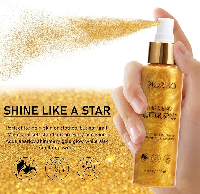 Body Glitter Spray, Shimmer Spray, Gold Glitter for Hair and Body, Glitter Hairspray, Spray for Women Makeup Party Festival Rave 4FL.OZ