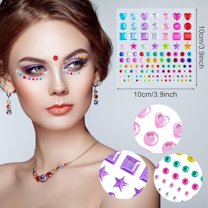 OIIKI 4 Sheets Colorful Star & Heart Face Gems, Acrylic Crystal Face Gems, Halloween Round Square Makeup Stickers - 4 Styles Rhinestones Tattoos for Women & Girls