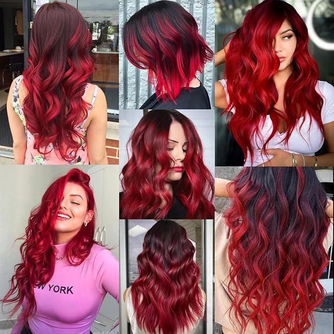 16 Pcs Colored Hair Extensions Curly Wavy Clip in Synthetic Hairpiece Streak for Girls Women Kids,Multi-colors Party Highlights Cosplay Festival Gift(Red)