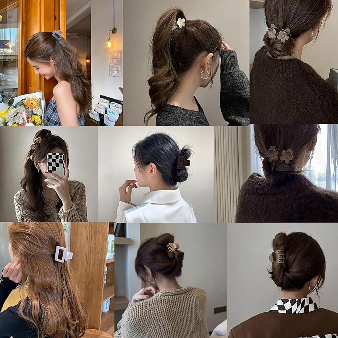 Hair Clip Set, 16Pcs Medium Claw Clips for Women Girls, Matte Rectangle Double Row Teeth Flower Semicircle Small Clips for Thin/Medium Thick Hair, Nonslip Clips (Beige, Khaki, Brown, Black)