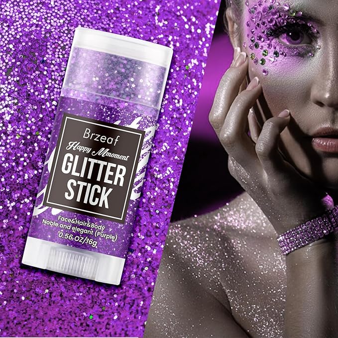 Brzeaf Waterproof Purple Glitter Stick, Not Greasy & Shimmery & Long Lasting, Chunky Glitter for Face/Body/Hair/Eyes, Singer Concert Music Rave Festival, Glitter Stick Makeup for Women Men