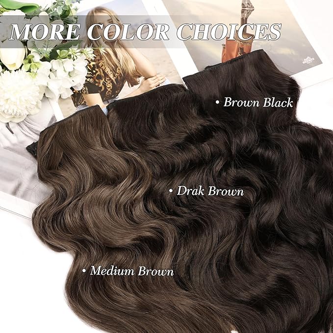 MORICA Invisible Wire Hair Extensions - 20 Inch Dark Brown Long Wavy Synthetic Hairpiece with Transparent Wire Adjustable Size, 4 Secure Clips for Women