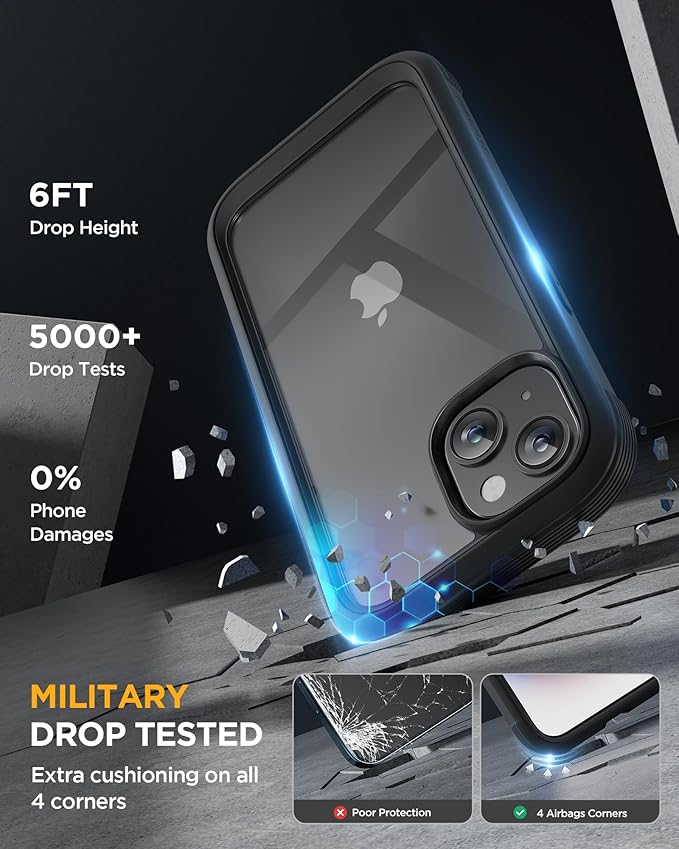 Miracase Glass Series Designed for iPhone 15 Plus Case 6.7',Full-Body Military Drop Proof 15 Plus Phone Case Cover with Built-in 9H Tempered Glass Screen Protector,Black