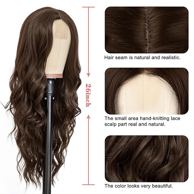 NAYOO Long Dark Brown Wavy Wig for Women 26 Inch Middle Part Curly Wavy Wig Natural Looking Synthetic Heat Resistant Fiber for Daily Party Use (Dark Brown)