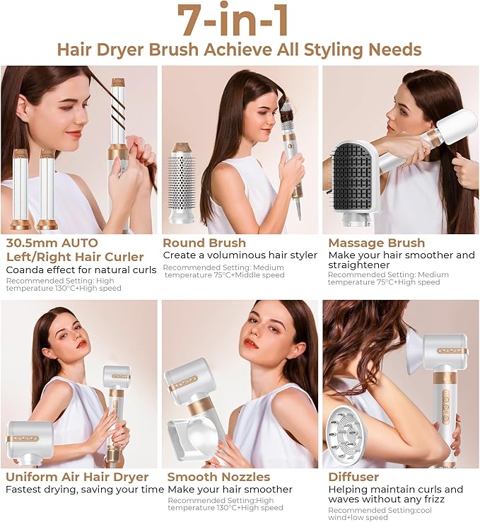 7 in ONE Hair Dryer Brush, Powerful Blow Dryer Brush with Auto- Wrap Curler, Detachable Fast Drying, Volumizing, Curling, Straightening, Ionic Hair Dryer with Diffuser, Hair Styling Tools Storage Case