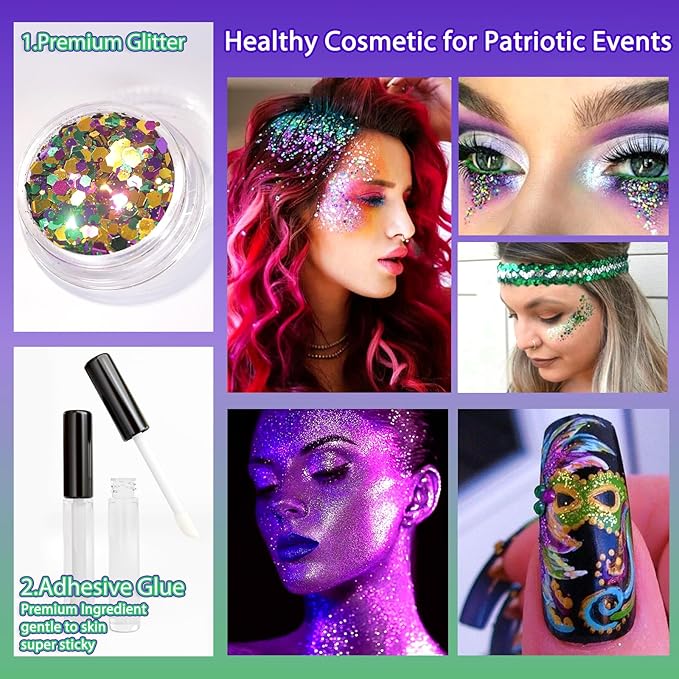 Allstarry Mardi Gras Face Glitter, 4 Colors Chunky Body Glitters Purple Green Gold Face Glitter Eyeshadow Makeup Hair and Eye Glitter Mardi Gras Accessories for Women Mask Balls Street Parties