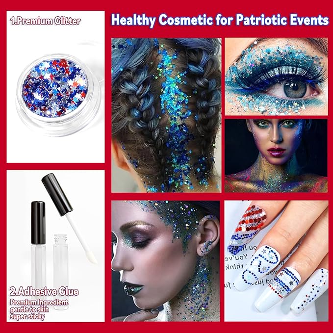 Allstarry Chunky Body Glitter 4 Colors Cosmetic Patriotic Face Glitter Independence Day Hair Sequins Sparkle Veterans Day Eye Flakes 4th of July Accessories for Olympics Party Women Face Paint Makeup
