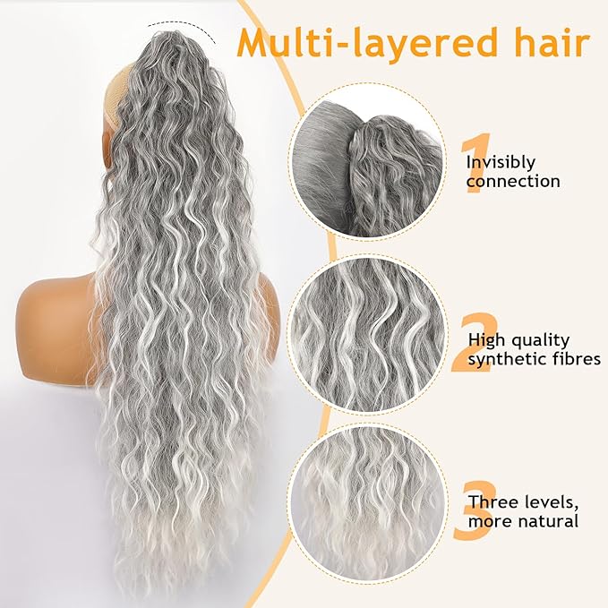 ORSUNCER Ponytail Extension Claw 30" Curly Pony Tail Clip in Claw Hair Extensions Fluffy Natural Looking Synthetic Hairpiece for Women Omber Grey